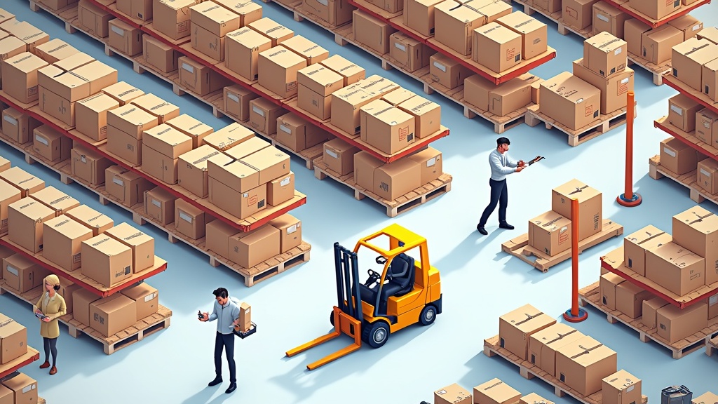 Busy warehouse scene with shelves, forklift, workers, and AI assistant helping manage operations