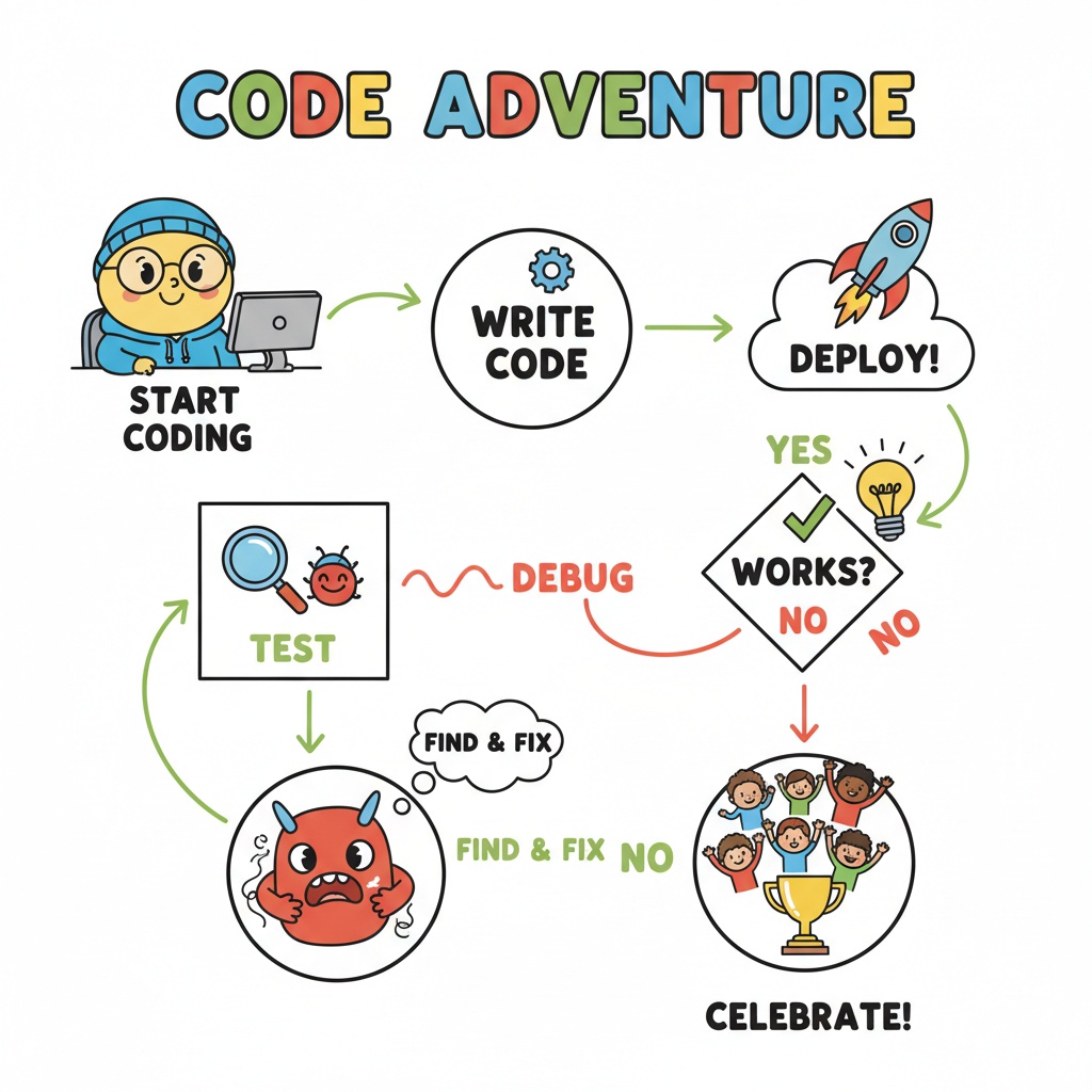 Code workflow with cartoon characters